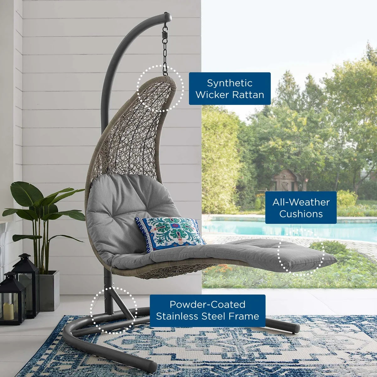 Landscape Hanging Chaise Lounge Outdoor Swing Chair in Light Gray Gray
